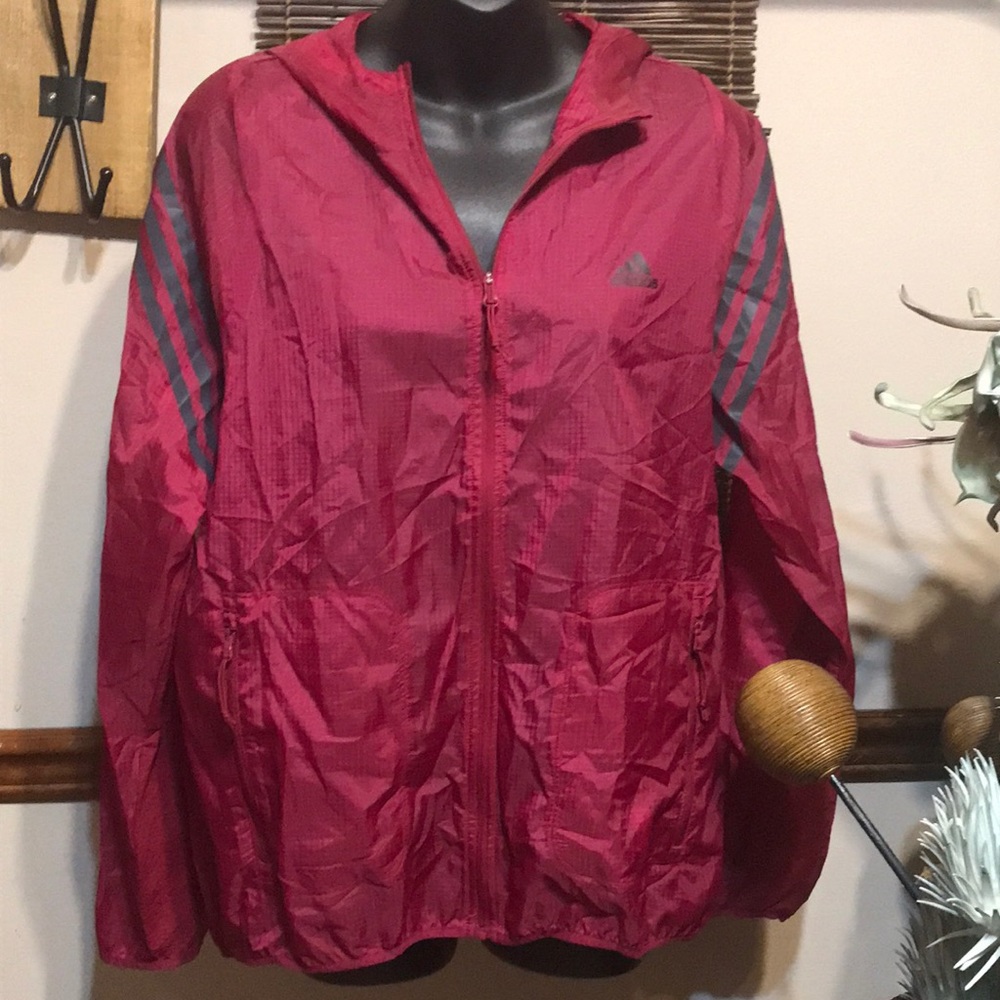 🚨B2G1 New ADIDAS Cranberry Red Black Drawstring Hood Polyester Zip Jacket